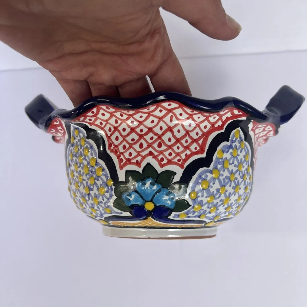 Mexican Talavera Hand Painted Bowl w/ Handles Lead Free Puebla 7